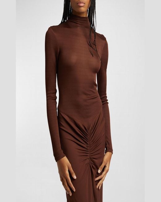 Christopher Esber Brown Fusion Turtleneck Long-Sleeve Gathered Maxi Dress
