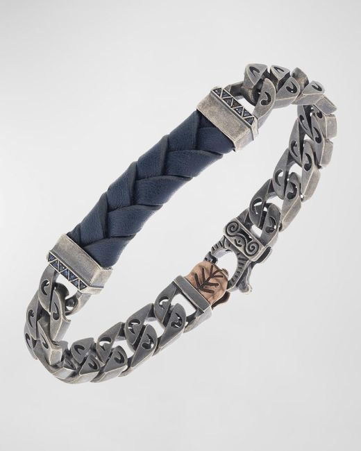 MARCO DAL MASO Blue Flaming Tongue Leather Chain Bracelet With Sapphires, Oxidized for men