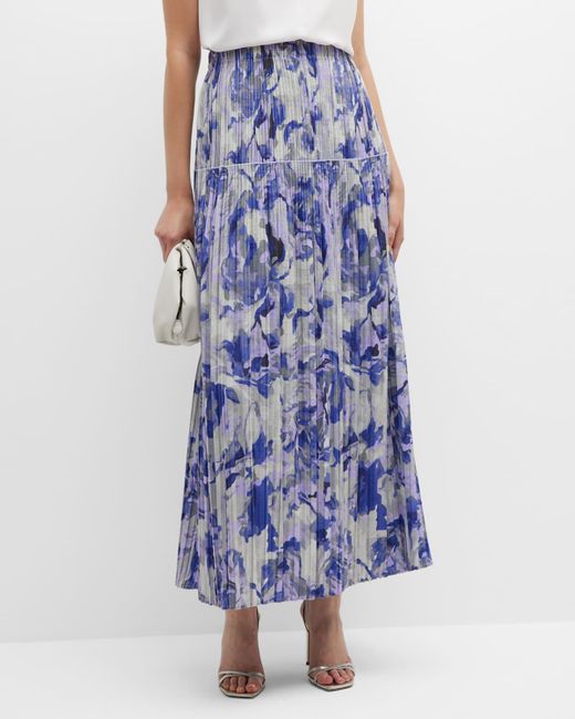 Misook Pleated Floral-print Maxi Skirt in Blue | Lyst