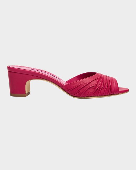 Manolo Blahnik Pink Ruched Leather Slide Sandals
