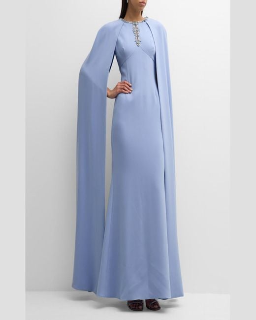 Teri Jon Blue Jewel-Embellished Cape-Sleeve Crepe Gown