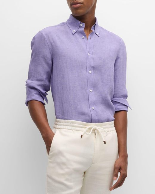 Brunello Cucinelli Purple Linen Casual Button-Down Shirt for men