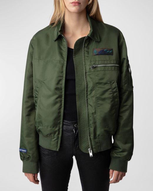 Zadig & Voltaire Green Bolid Nylon Patch Bomber Jacket