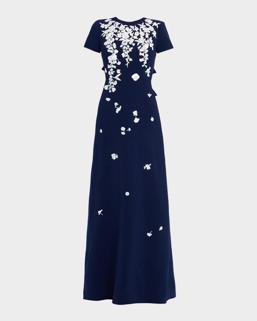 Carolina Herrera Blue Bow-Embellished Embroidered Applique Gown