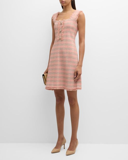 Misook Pink Fringe-trim Square-neck Tweed Mini Dress