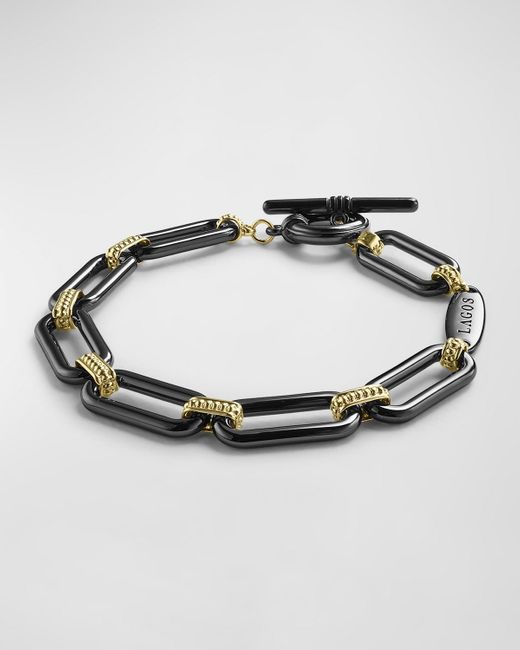 Lagos Metallic 18k Gold And Black Ceramic Signature Caviar Link Bracelet