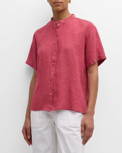 Eileen Fisher Red Boxy Button-down Organic Linen Shirt