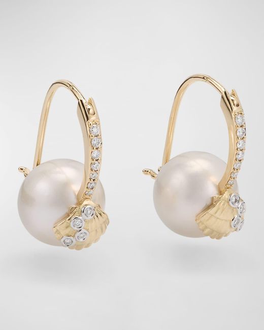 Sydney Evan Natural 14k Gold Clamshell And 10mm Freshwater Pearl Diamond Earrings