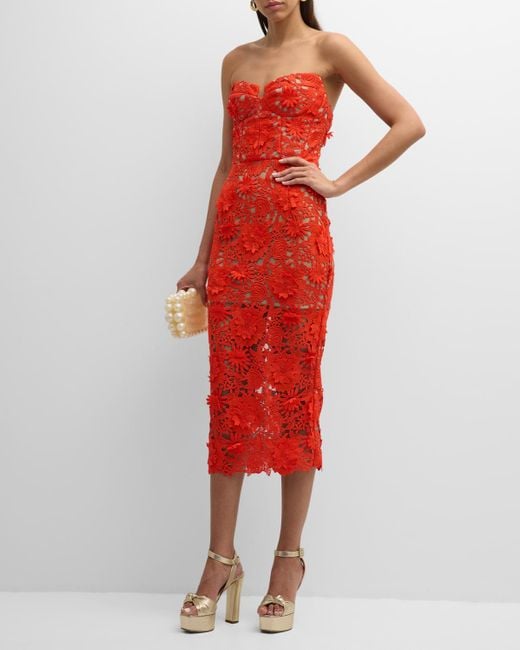 Bronx and Banco Red Jasmine Strapless Floral Lace Midi Dress