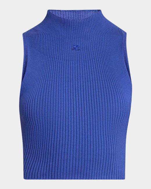 Courreges Blue Mock-Neck Light Rib Crop Top