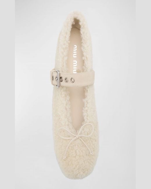 Miu Miu White Shearling Mary Jane Ballerina Flats