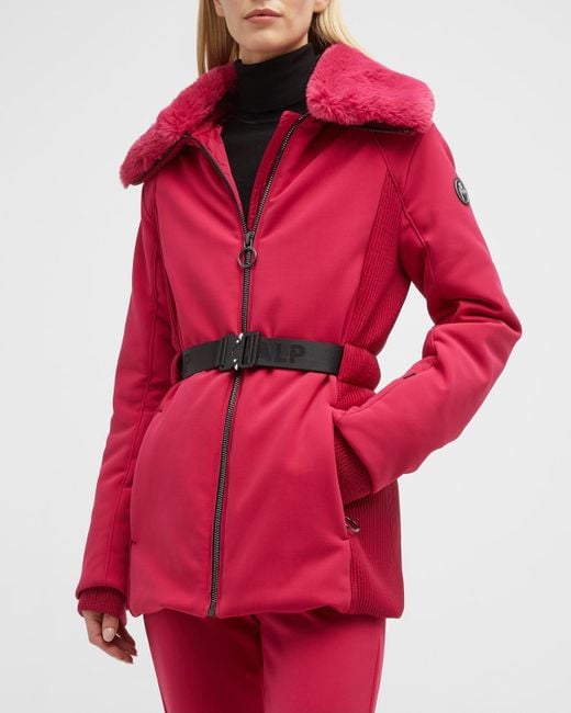 Fusalp Clea Belted Ski Jacket W/ Faux Fur Trim in Red