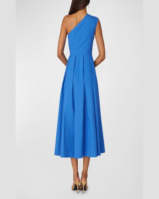 Shoshanna Blue Pleated One-Shoulder Faille Taffeta Midi Dress
