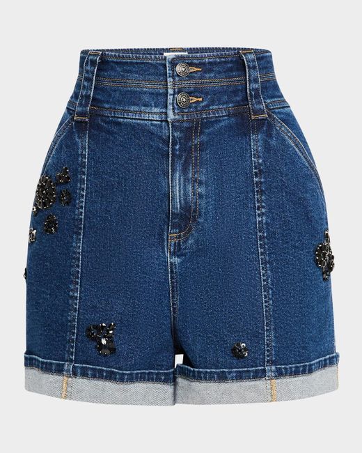Cinq À Sept Blue Crystal Double-Waistband Denim Shorts