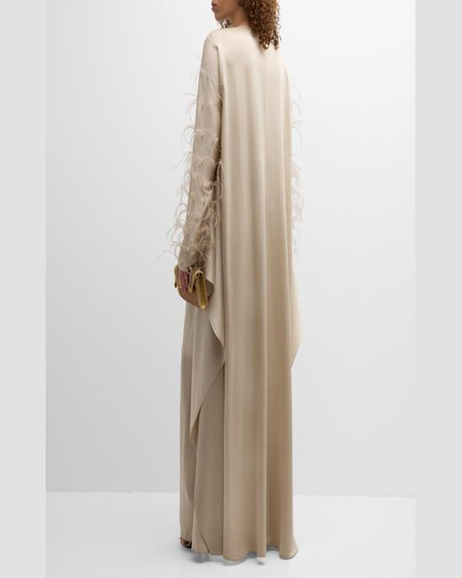 LAPOINTE Natural Feather-Embellished Doubleface Satin Long-Sleeve Caftan