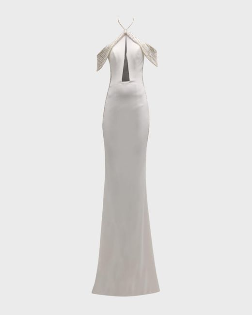 Jovani White Cutout Open-Back Bead & Rhinestone Gown