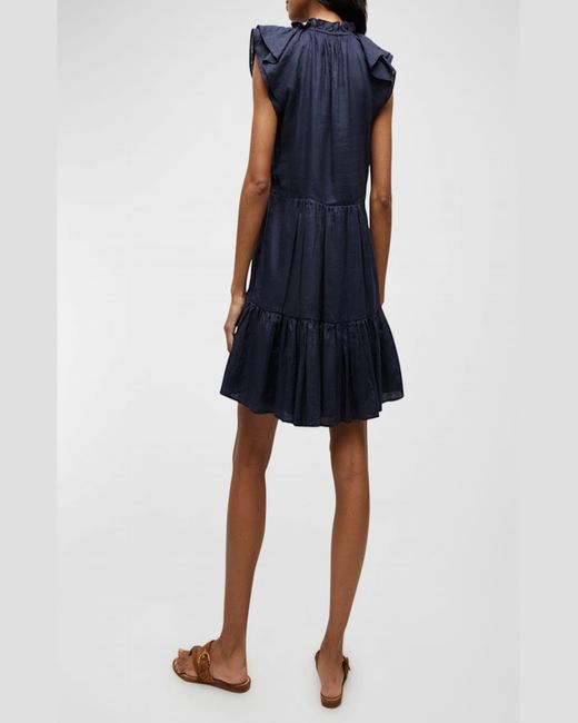 Veronica Beard Blue Zee Tiered Linen Flutter-Sleeve Mini Dress