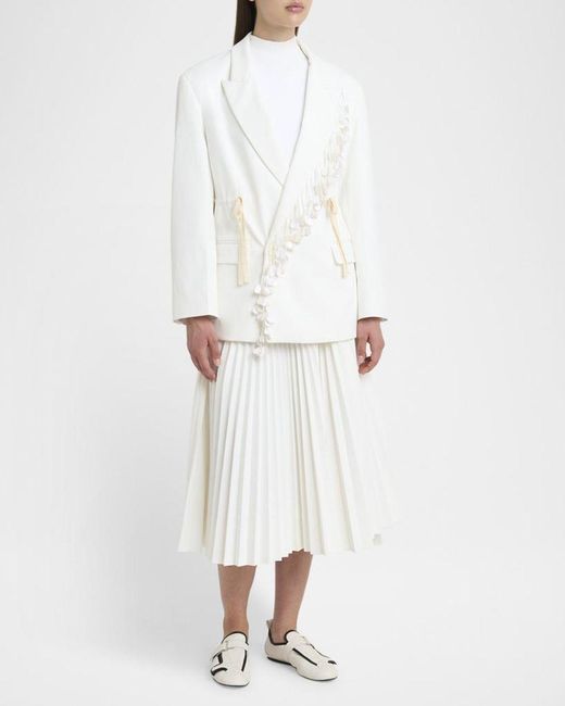 Plan C White Sequin-Fringe Drawstring Double-Breasted Blazer Jacket