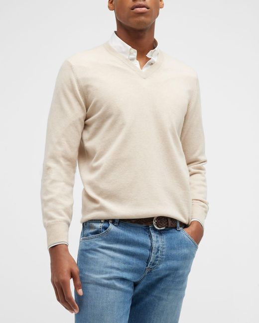 Brunello Cucinelli Natural Cashmere V-Neck Sweater for men