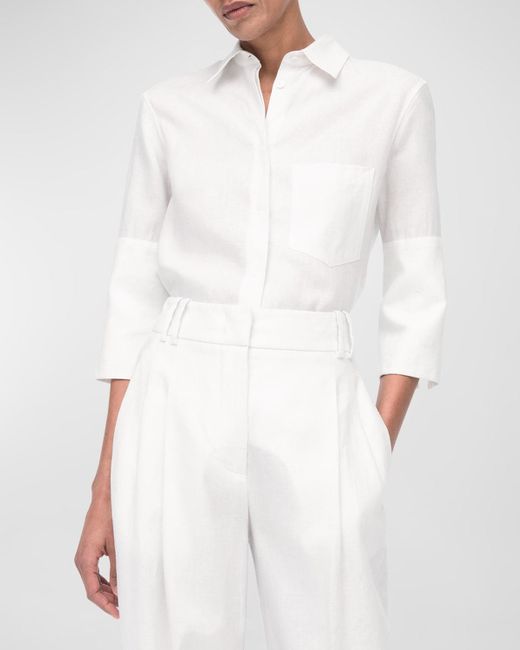 Another Tomorrow White French-Cuff Linen Blouse
