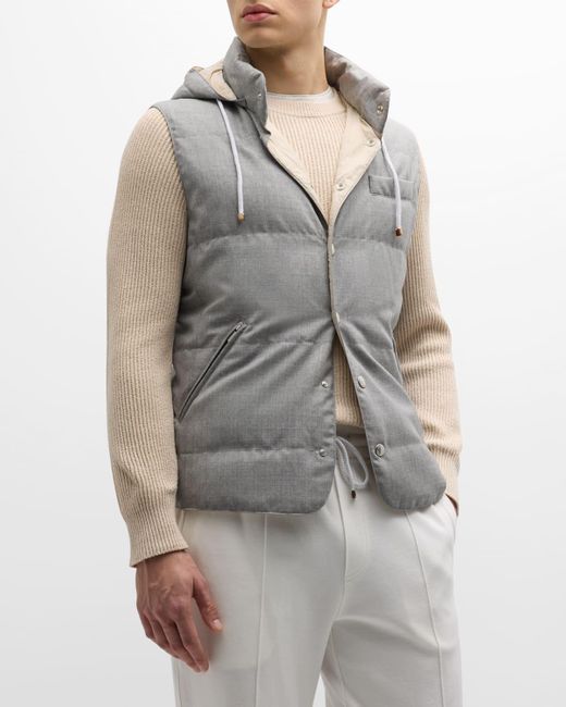 Brunello Cucinelli Gray Quilted Down Wool Hooded Vest for men