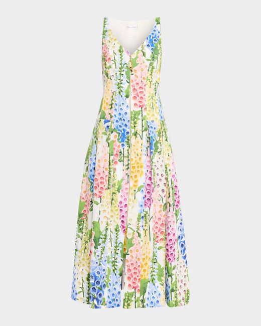 Oscar de la Renta White Foxglove-Print Pleated Poplin Zip-Front Midi Dress