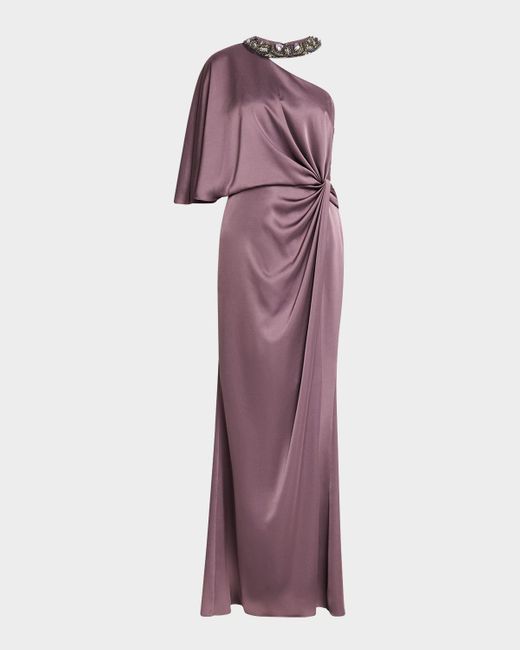 Aidan Mattox Purple Beaded One-Shoulder Twist Gown