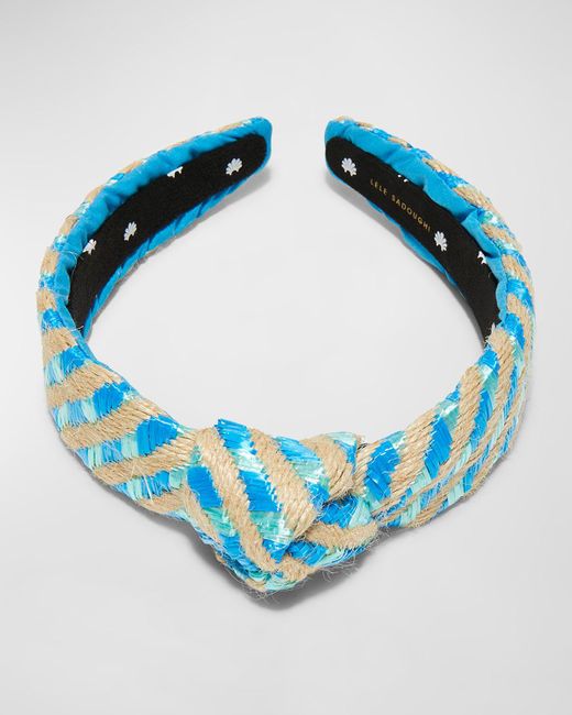 Lele Sadoughi Blue Striped Raffia Slim Knotted Headband