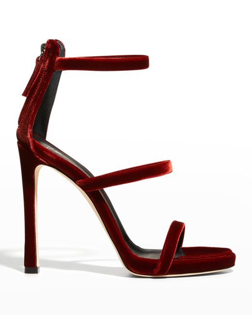 Giuseppe Zanotti Velvet Three-band Stiletto Sandals in Red | Lyst