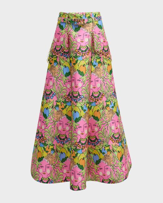 Maison Common Multicolor Face-Print Belted Midi A-Line Skirt