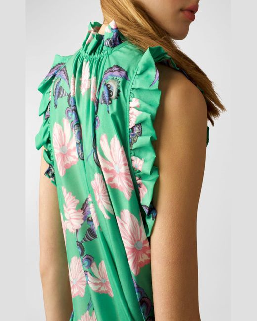 Cynthia Rowley Green High-Low Floral-Print Ruffle Maxi Dress