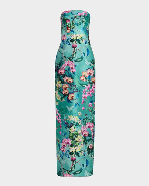 THEIA Blue Lulu Floral-Print Mikado Column Gown