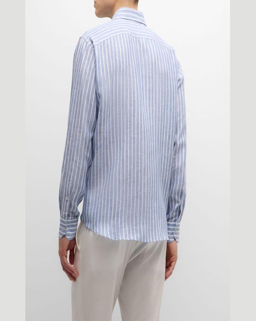 Baldassari Blue Linen Stripe Casual Button-Down Shirt for men