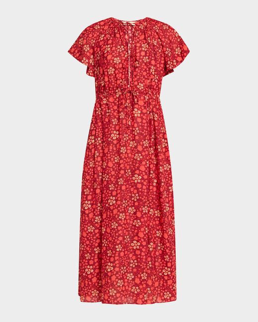 Ulla Johnson Red Mikaela Flutter-Sleeve Midi Dress