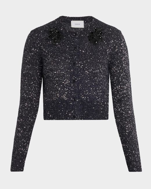 Erdem Blue Crystal Embellished Paillette Knit Crop Cardigan