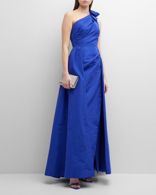 Teri Jon Blue Pleated One-shoulder A-line Gown
