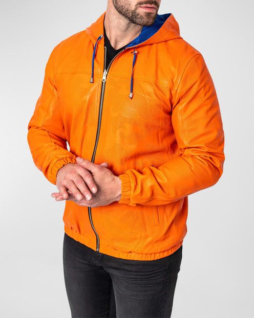 Maceoo Orange Reversible Leather Sky Hooded Jacket for men