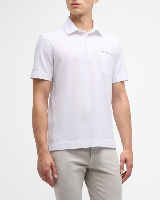 Zegna White Cotton Polo Shirt With Leather-Trim Pocket for men