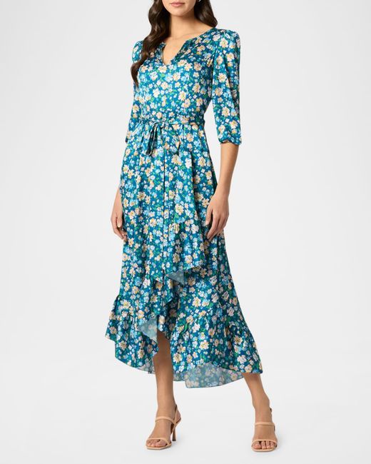 Shoshanna Blue Lia Ruffle Floral-Print Midi Dress