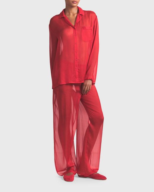 Skims Red Button-Down Sheer Silk Lounge Set