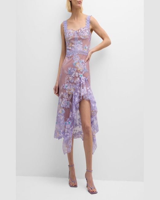Bronx and Banco Purple Eva Floral-Embroidered High-Low Midi Dress