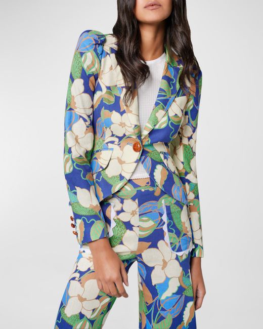 Smythe Blue Pouf-Sleeve Floral Linen-Blend One-Button Blazer