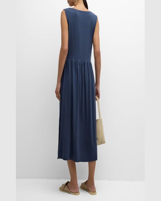 Eileen Fisher Blue Ruched Scoop-Neck Jersey Midi Dress