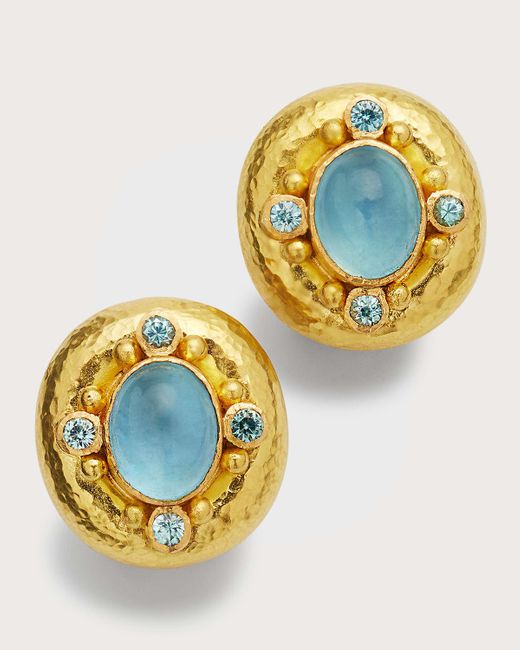 Elizabeth Locke Metallic 19k Yellow Gold Vertical Oval Cabochon Aquamarine Earrings With Blue Zircon