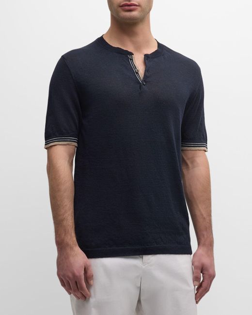 Isaia Blue Linen-Cotton Short-Sleeve Polo Sweater for men