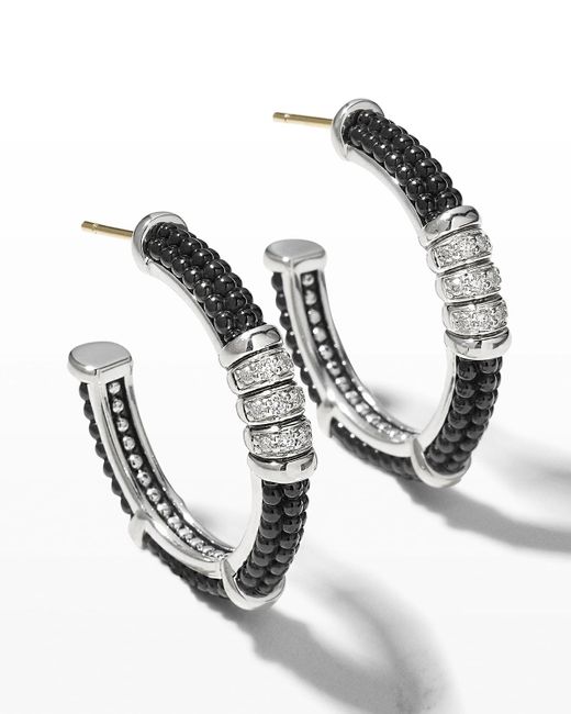 Lagos White Black Caviar Diamond Hoop Earrings