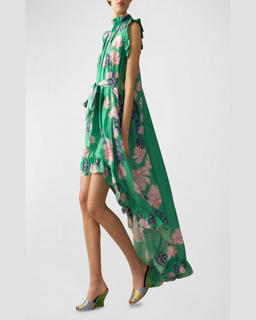 Cynthia Rowley Green High-Low Floral-Print Ruffle Maxi Dress