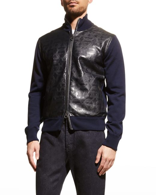 Ferragamo Black Gancini Leather-front Knit Jacket for men