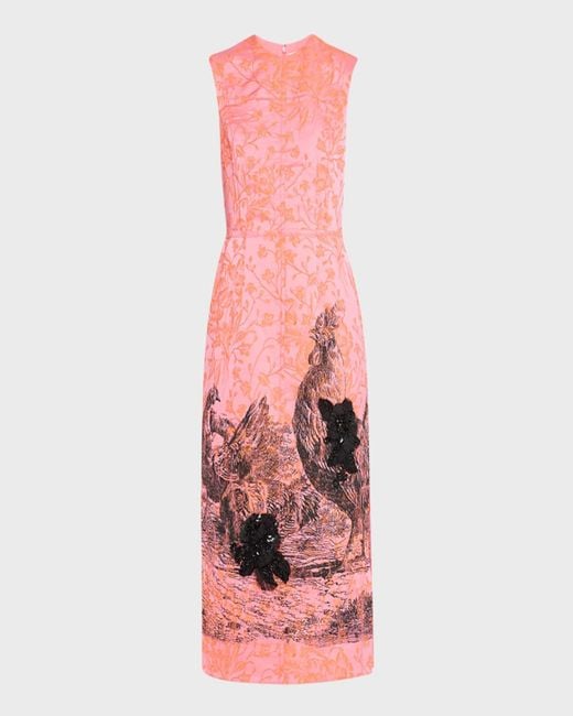 Erdem Red Sequined Chicken-Print Sleeveless Bow Floral Brocade Midi Dress