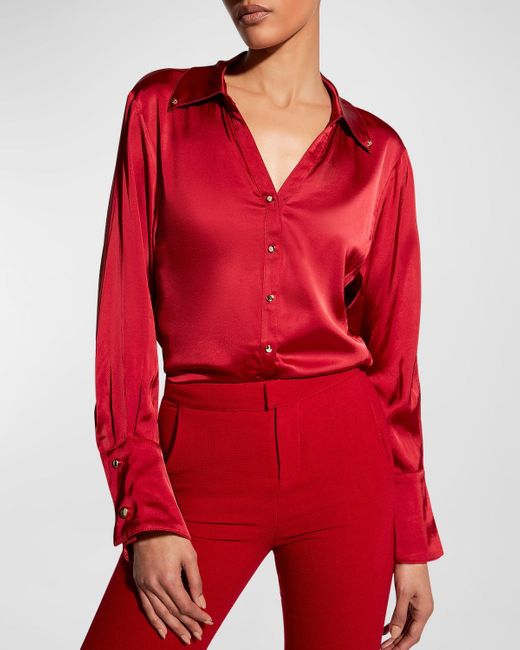 AS by DF Red Billie Button-Front Satin Blouse